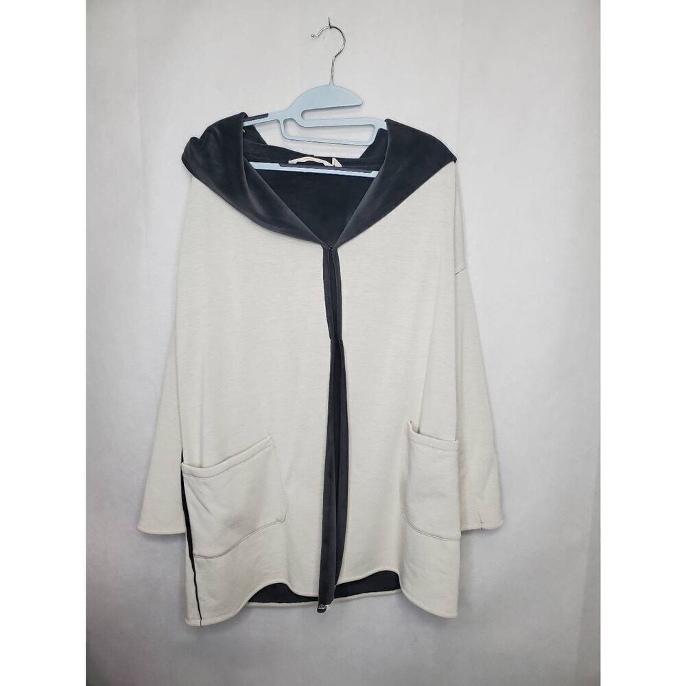 Soft Surroundings Hooded Velour Lagenlook Cream and Grey Cardigan Blanket Jacket